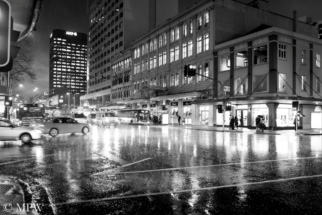 Auckland City black and white, rainy night