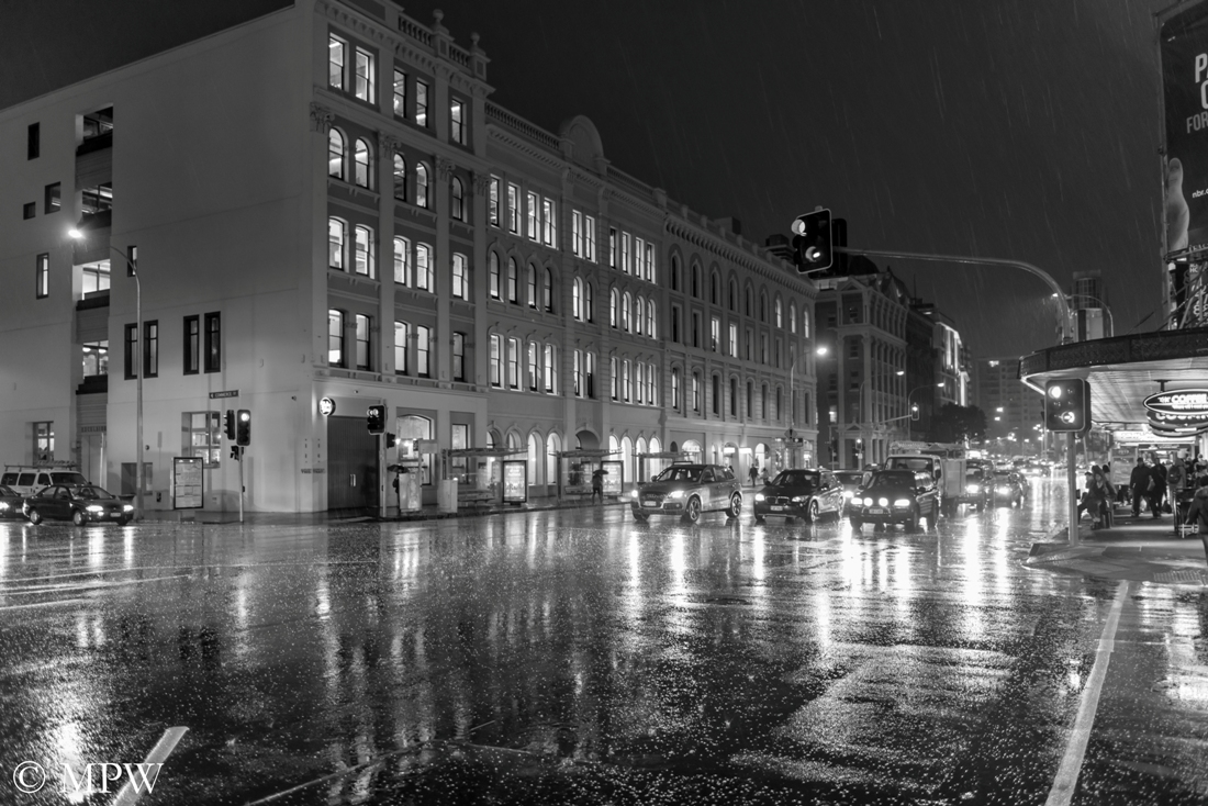 Auckland City black and white, rainy night