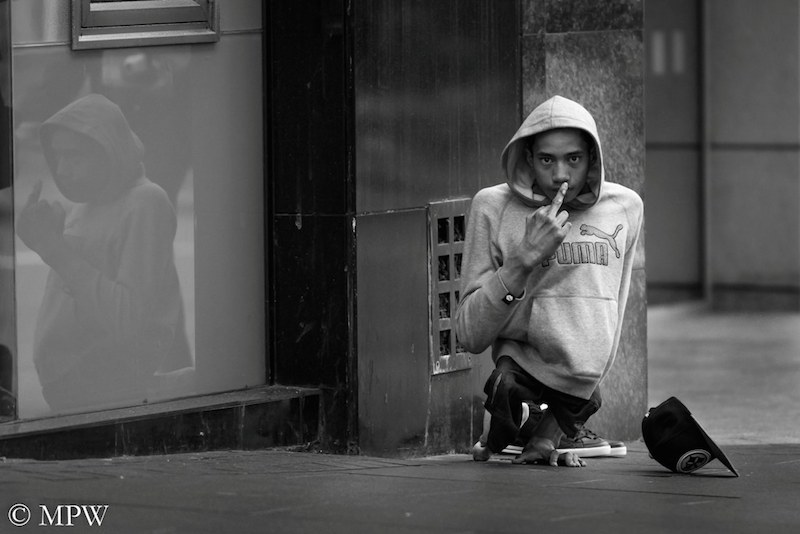 mike wheelton black and white, colour street photography Queen Street Auckland city