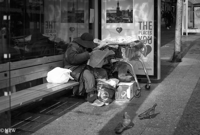 mike wheelton black and white, colour street photography Queen Street Auckland city