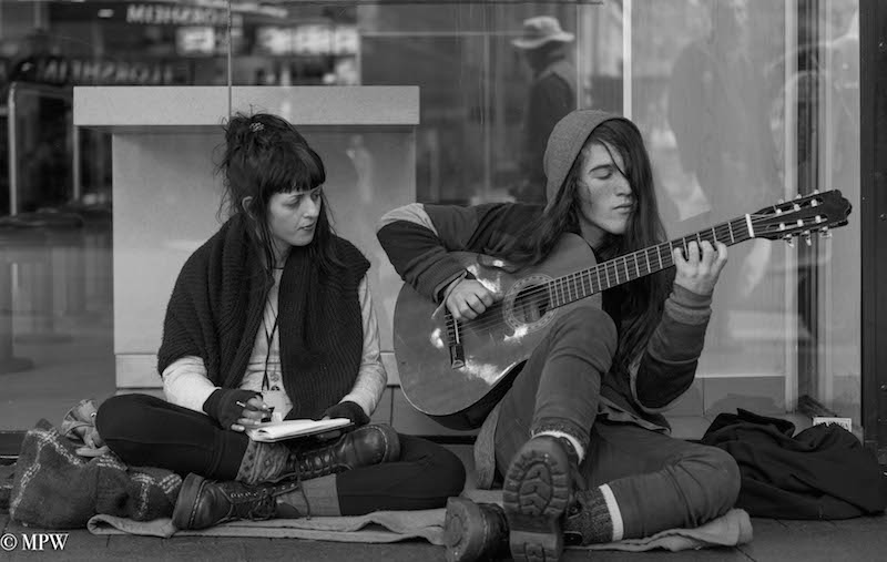 mike wheelton black and white, colour street photography Queen Street Auckland city