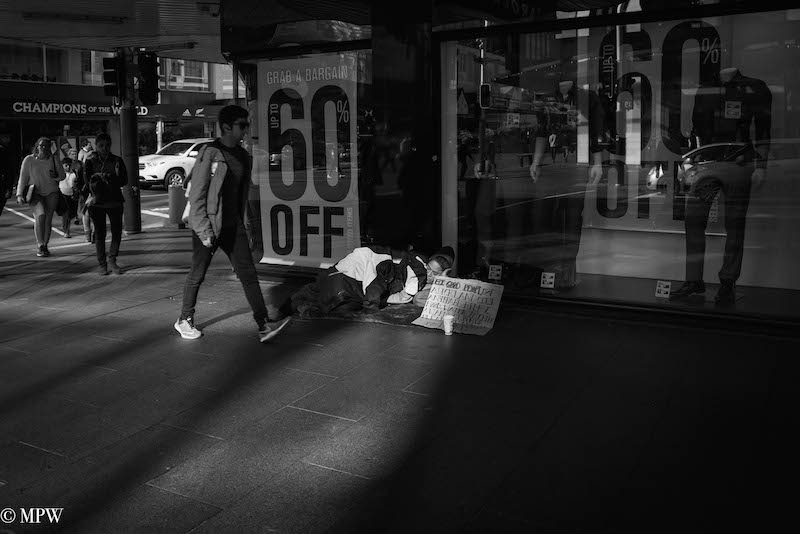 mike wheelton black and white, colour street photography Queen Street Auckland city