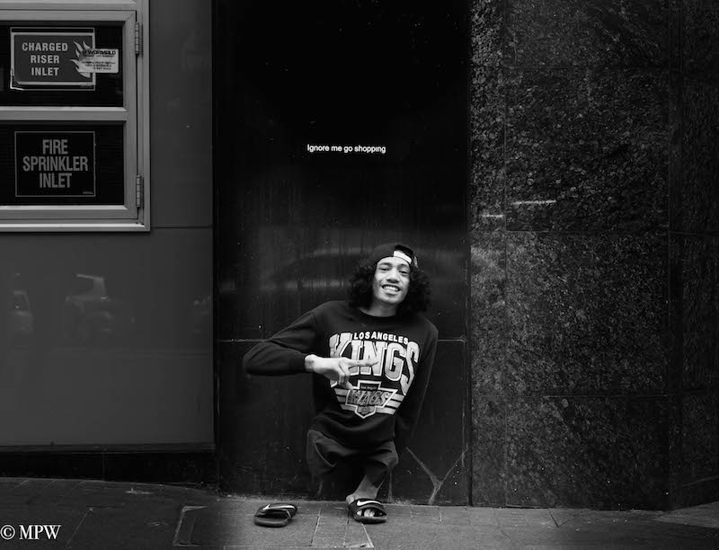 mike wheelton black and white, colour street photography Queen Street Auckland city
