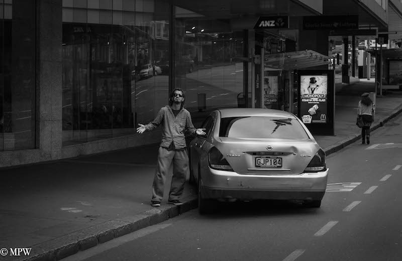 mike wheelton black and white, colour street photography Queen Street Auckland city