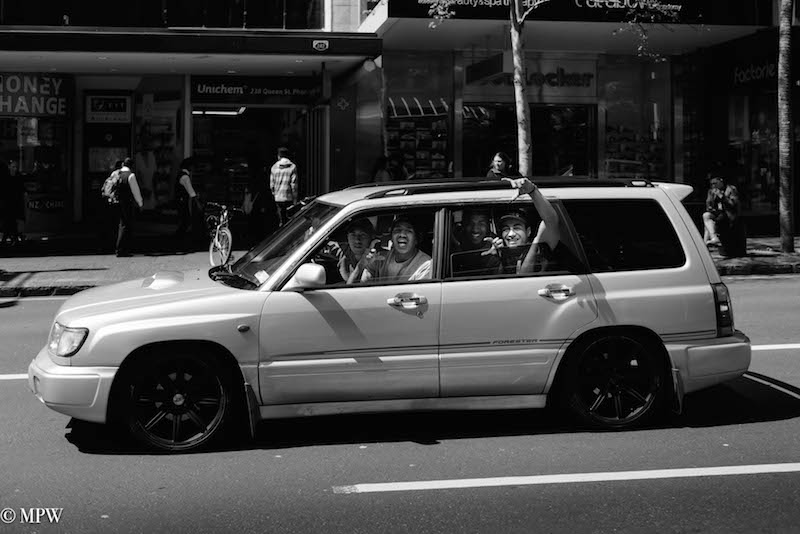 mike wheelton black and white, colour street photography Queen Street Auckland city