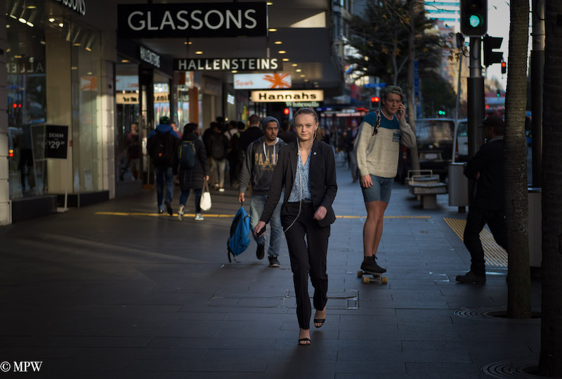 Mike Wheelton street photographer. Colour, black and white street photography. Queen Street, Auckland city, New Zealand.