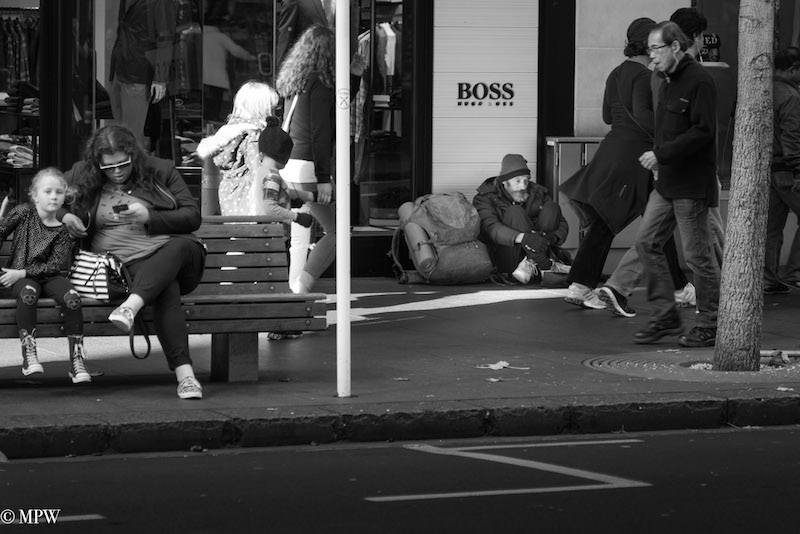 Mike Wheelton street photographer. Colour and black and white. Queen Street, Auckland city, New Zealand.
