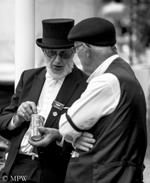 Old men in period costume at the Tauranga Jazz Festival 2013, black and white